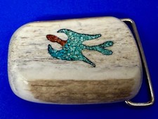 Coral  Turquoise Inlaid Bird Native American Indian Artisan Made Belt Buckle