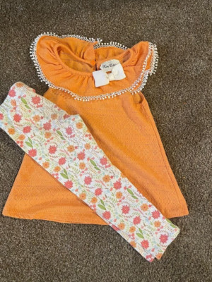 RARE EDITIONS GIRL'S ORANGE TOP & FLORAL LEGGINS SIZE 4