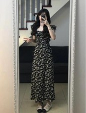 Women Floral suspender small flying sleeve dress ruffle skirt high waist Fashion