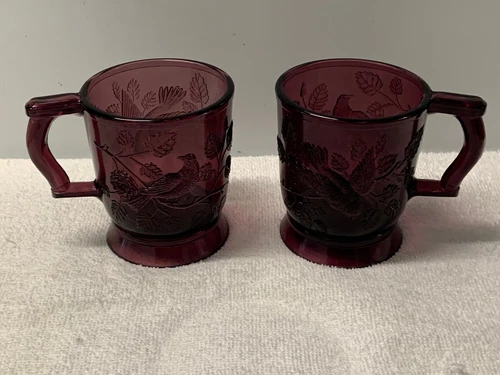 MOSSER GLASS CO.   --  ROBIN IN THE TREE  --   AMETHYST MUGS   --  2