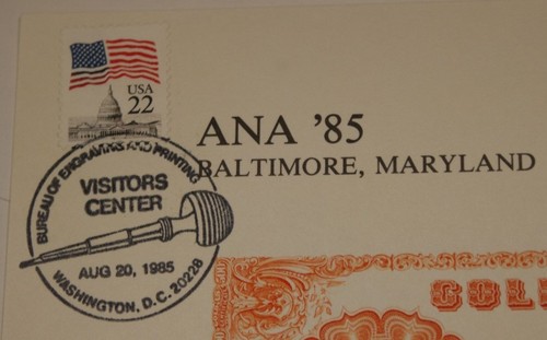 BEP souvenir card B 82 ANA 1985 back 1882 $500 GC DOUBLE CANCELATION UNIQUE - Picture 2 of 4