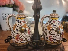 Beautiful Hand Painted Made In Italy Oil And Vinegar Cruets Stand Wood & Brass