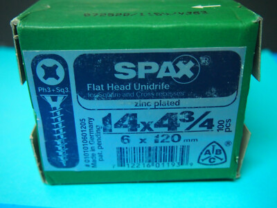 Spax Hex 14X4-3/4 6X120mm ZINC PLATED  FOR SQUARE AND CROSS RECESSES 100PCS