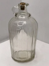 Vintage One Quart Ribbed Clear Glass Jug Pitcher Finger Loop & Cork Country Farm