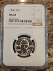 1960 25C Washington Silver Quarter  NGC MS 63 Graded Free Shipping