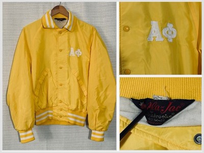 Alpha Phi Satin Bomber Jacket Yellow White Sorority Vintage 80s Pla-Jac Medium