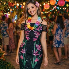 Guess Sexy Off-The-Shoulder Gorgeous Embroidered Tropical Floral Dress 10 NEW