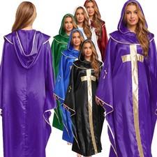 Womens Robe Renaissance Pullover Fancy Dress Up Costume Front Gold Cross Shiny