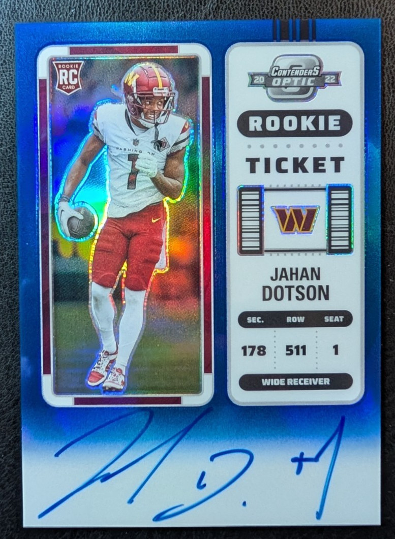 2022 Contenders Optic #121 Jahan Dotson Rookie Ticket Auto Blue /75 RC