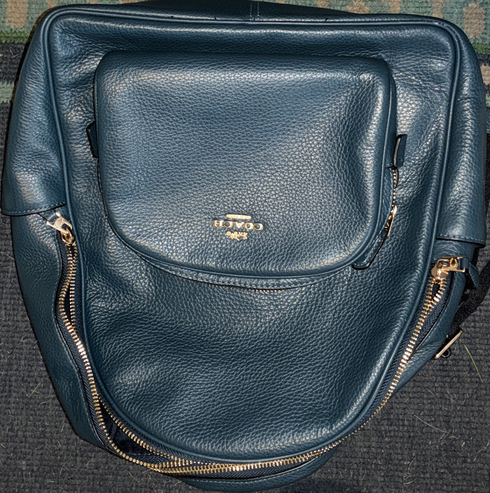 Coach Blue Pebbled Backpack Gold Hardware Zip Closure Logo, Lined Inner Pockets