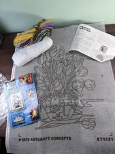 Artcraft Concepts Needlepoint Yarn Canvas 2404 Tulips In Vase 1979 Craft Kit