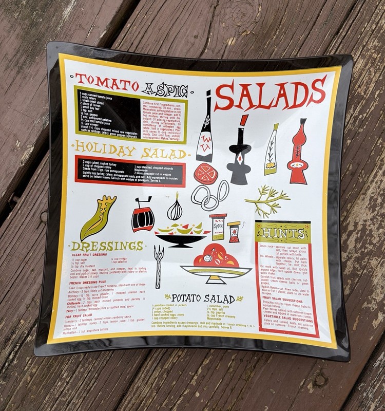 Vintage Mid Century Square Recipe Salad Bowl/Plate - 7.5"