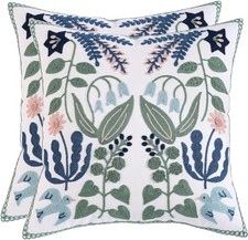 Flower Embroidered Throw 16" x 16" Pack of 2 Green Leaves With Swallows