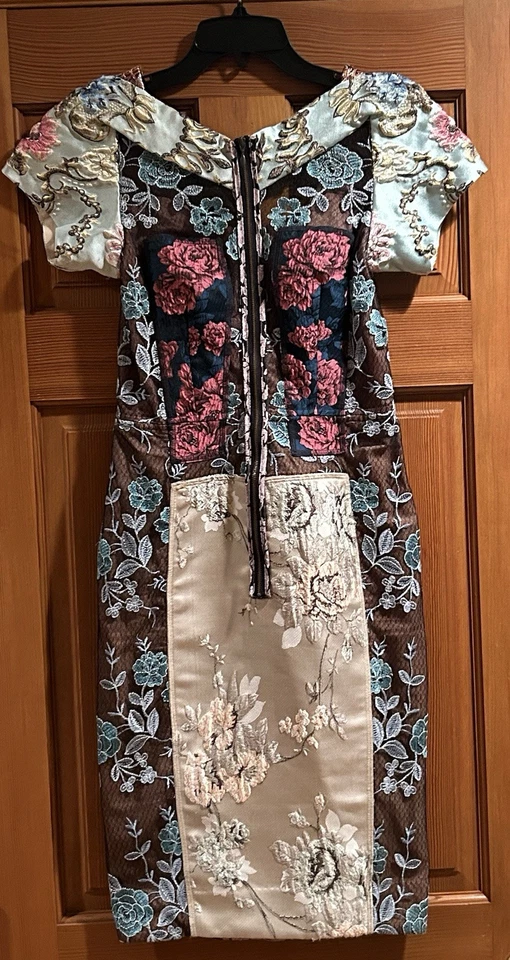 Byron Lars Beguile Brocade Beige Black Short Sleeve Sheath Dress Size 0 No Belt - Image 2 of 4