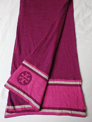 Tory Burch Winter Knit Long Scarf Purple Pink Rectangle Logo Stretchy