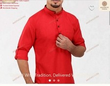 Indian Clothes Kurta Fashion Shirt Mens Long Cotton Top Tonic Solid