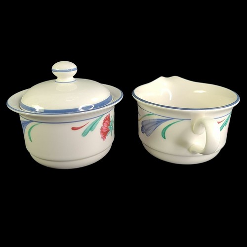 Lenox Poppies on Blue Sugar Bowl With Lid And Creamer Set White With Floral Vtg - Picture 2 of 9