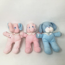 3 Russ Berrie Vintage Terry Cloth Baby Rattle Blue Dog Pink Pig Elephant 7.25  