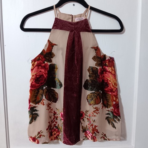 Clover + Scout Women's XS Maroon Beige Floral Red Gold Velvety Mesh Formal Roses