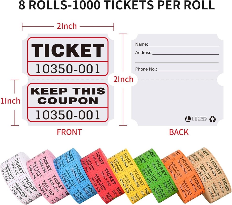 8000 Raffle Tickets 2" x 2" Raffle Tickets Consecutive Numbers for