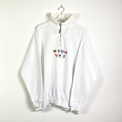 Gant Half Zip Sweater Gr.L/XL Herren Weiß Vintage Bestickt Logo 90er y2k