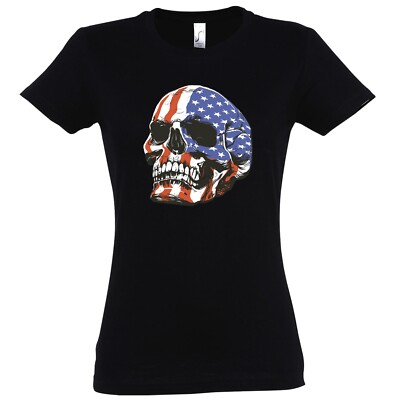 Damen T-Shirt USA Skull 3D Frauen Fun Motiv Schädel Lustig Print Kopf Skelett