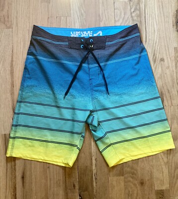 Surf Style Board Shorts Neon Green Blue Stripe Surf Beach Swim Trunks Men’s  30