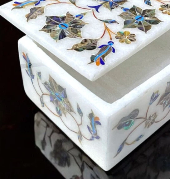 Vintage White Marble Semi MOP Stones Inlay 4"x3"x2" Jewelry Trinket Decor Box - Image 4 of 4