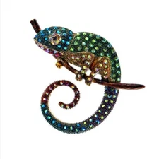 Lizard Brooch Multicolor Rhinestones Gold Tone Iguana
