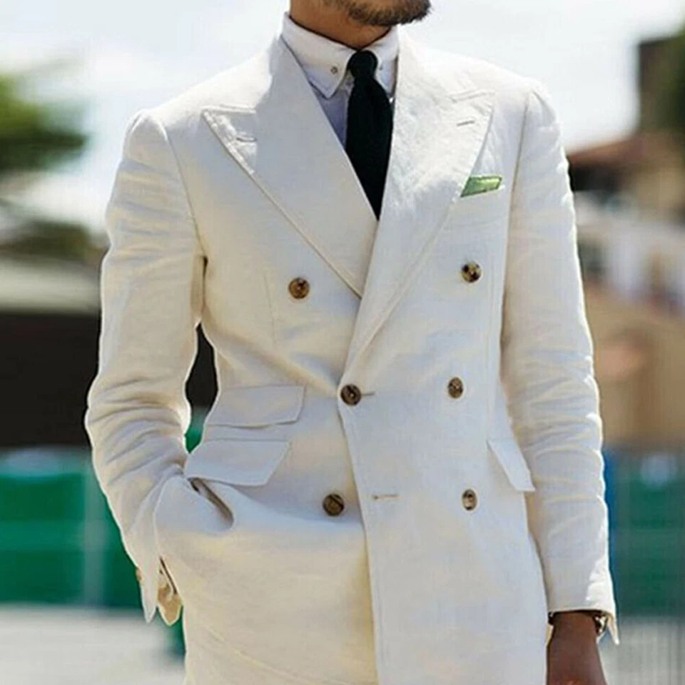 Cream Linen Men Suits Casual Double Breasted Blazer Wide Peak Lapel Groom Tuxedo - Image 2 of 4