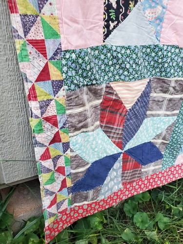 Antique Star Quilt Applique Patchwork Feedsack Large Vintage Handmade 68" x 81" - Picture 7 of 22