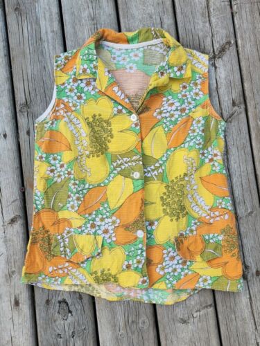 Vintage 1970s Floral Linen Button Up Sleeveless Tank Womens L/XL - Picture 1 of 6
