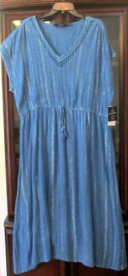 NWT MLLE GABRIELLE Denim Wash Silver Lurex Crochet Sharkbite Hem Boho Dress 3X