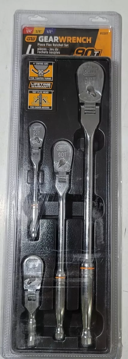 4pc Gearwrench Long Stubby Flex Head 90T Ratchet Set 1 4 3 8 1 2dr 81230T