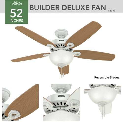 Hunter 52" Builder Deluxe Traditional Casual Ceiling Fan w/ Light and Pull Chain - Picture 2 of 30