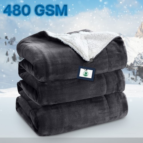 480 GSM Heavy Sherpa Fleece Blanket Soft Warm Sofa Bed Throw Faux Fur Blanket UK - Picture 9 of 132