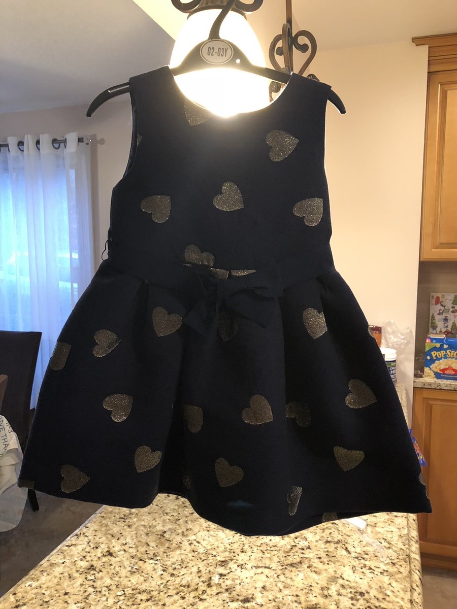 New Mini Boden Heart Jacquard Dress Size 2-3 Years Blue With Gold Hearts
