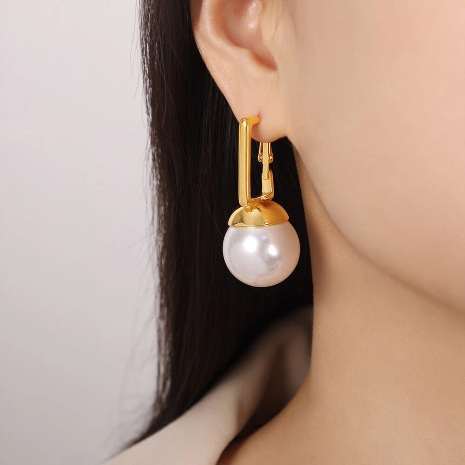 Woman 18K Gold Plated Round Pearl Earring Stud Drop Dangle Ear Clip Pierced - Image 2 of 4