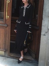 Women's Button V Neck Sweater Dress Ruffle Long Sleeve Knit Bodycon Midi Dresses