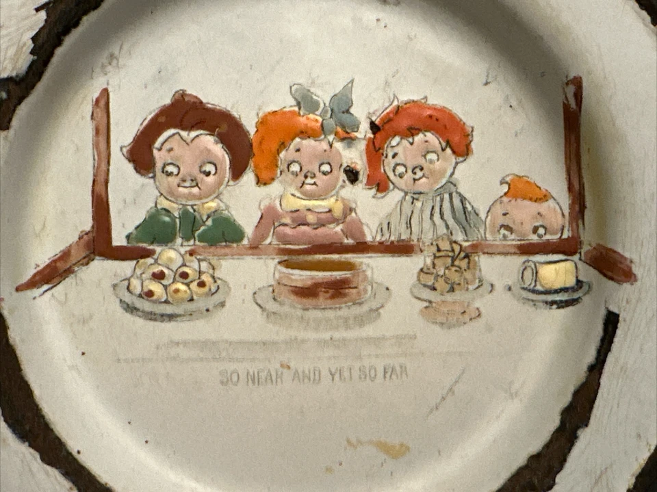 vtg hand painted enamelware PLATE primitive kid children folk art antique comic - Image 4 of 4