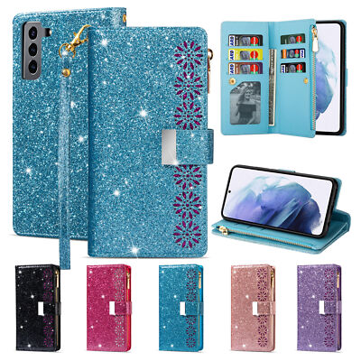 For Samsung A14 A13 A53 S26 S25 S22 S21 Glitter Zipper Leather Wallet Strap Case
