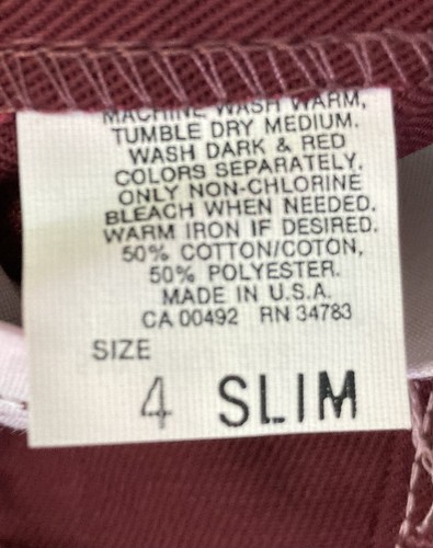 Lee 20" x 16½" Straight Leg Maroon Jeans Size 4 Slim Made In The USA - Picture 6 of 6