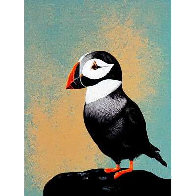 Cute Puffin Bird on Rock Modern Print Wall Art Canvas Picture Print 18X24