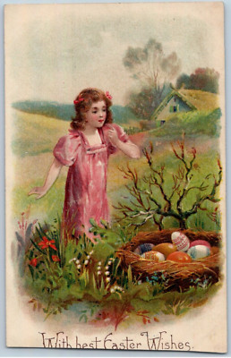 C1905 Cute Girl Colorful Easter Egg Basket Hunt Postcard Embossed Undivided back