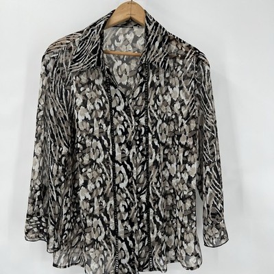 Sheer Animal Floral Print Blouse Eyelets 3/4 Flutter Sleeve Large Boho