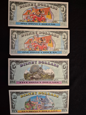 Lot of 4 RARE Disney Dollars $1 $5 $10 Mickey Goofy Minnie 1993
