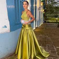 Satin Elegant Halter Evening Dresses with Pleated Wedding Formal Gown Customized