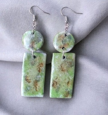 Handcrafted Polymer Clay And Resin Silver Earrings Green Brown 