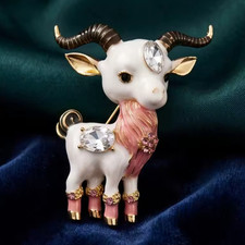 Goat Brooch Rhinestone Enamel Nature Pin Gold Tone Farm Animal Jewelry Gift
