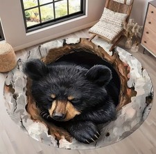 Black Bear Design Pattern Round Area Mat 3D Illusion Rug 3D Effect Floor Mat